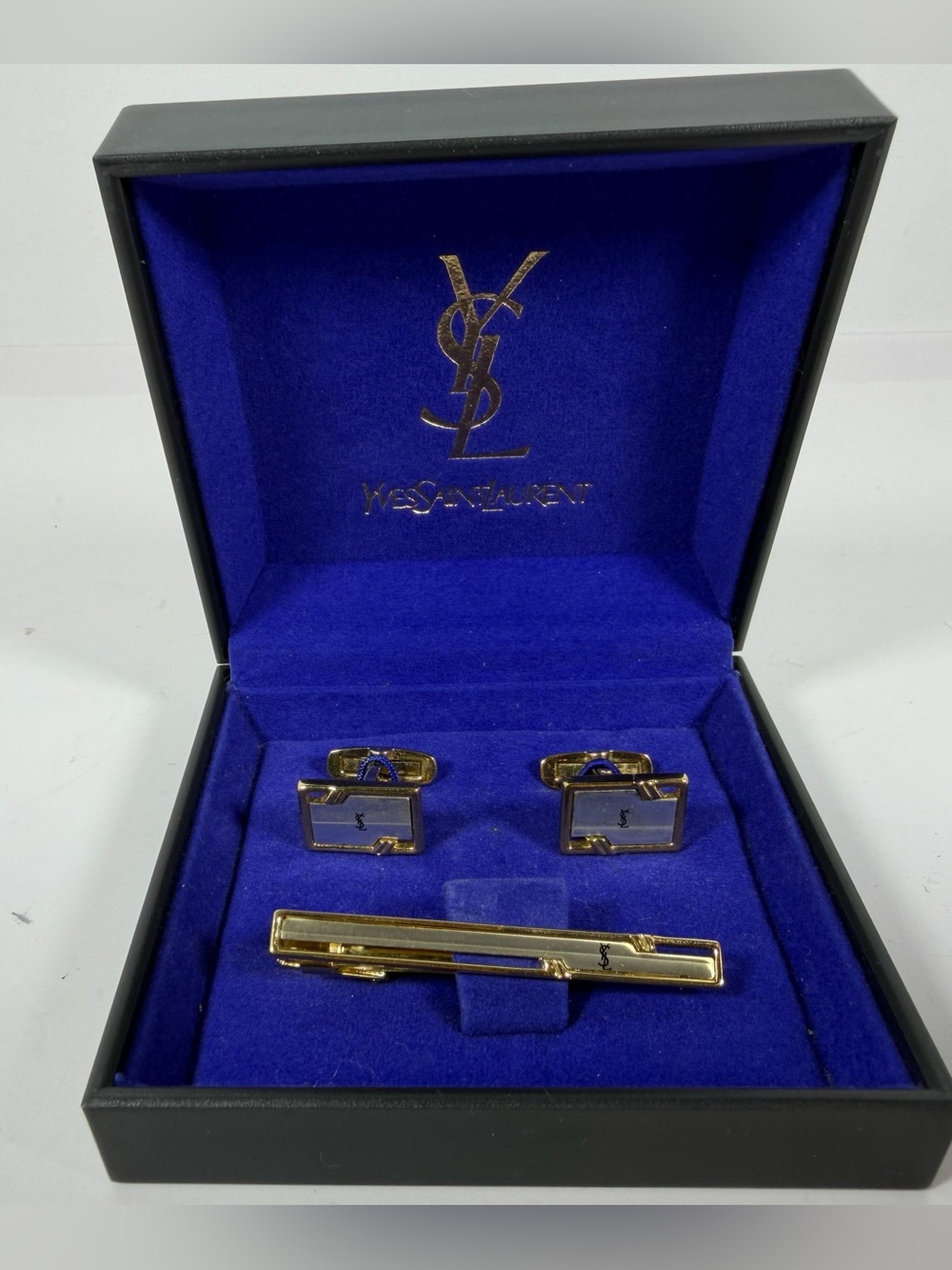 9021: Vintage Yves Saint Laurent YSL cufflinks & tie bar set with box